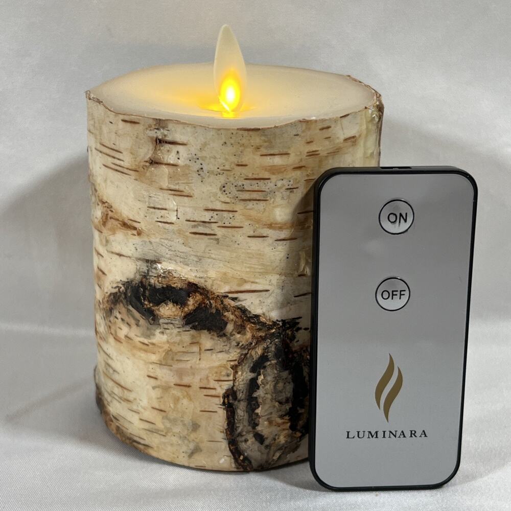 Luminara Real Bark Wrapped Battery Operated Flameless Wax Candle 3x4" Wood Birch